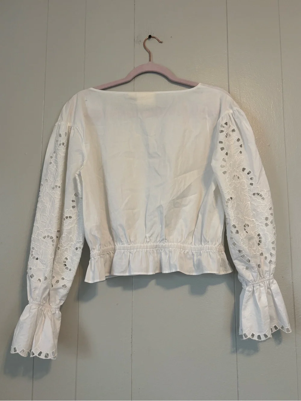 Maeve Anthropologie White Eyelet Cropped Peplum Bell Sleeve Boho Top Sz S
